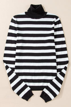 High collar knit sweater and black striped slim cutting