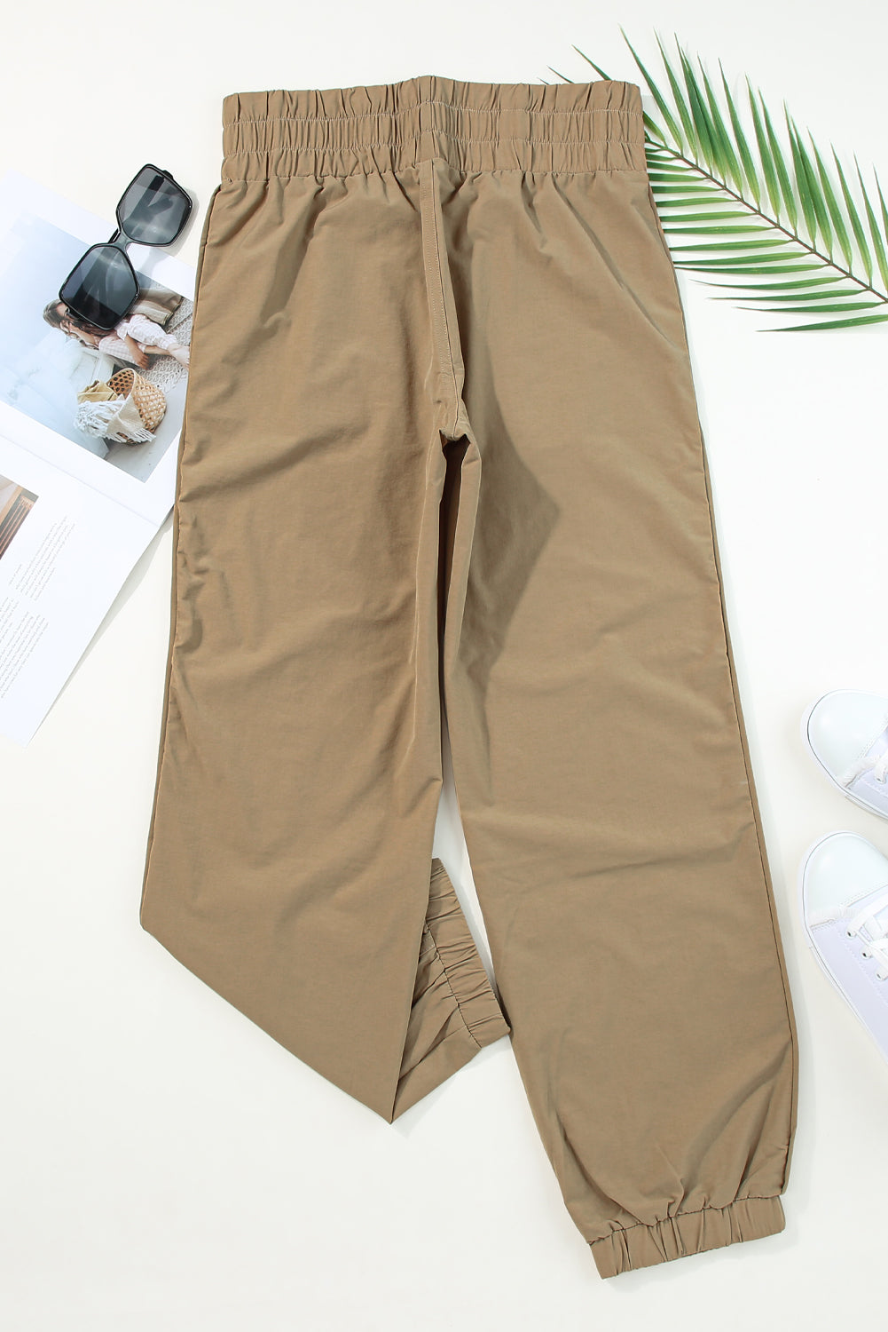 Khaki Smocked Elastic High Waist Joggers