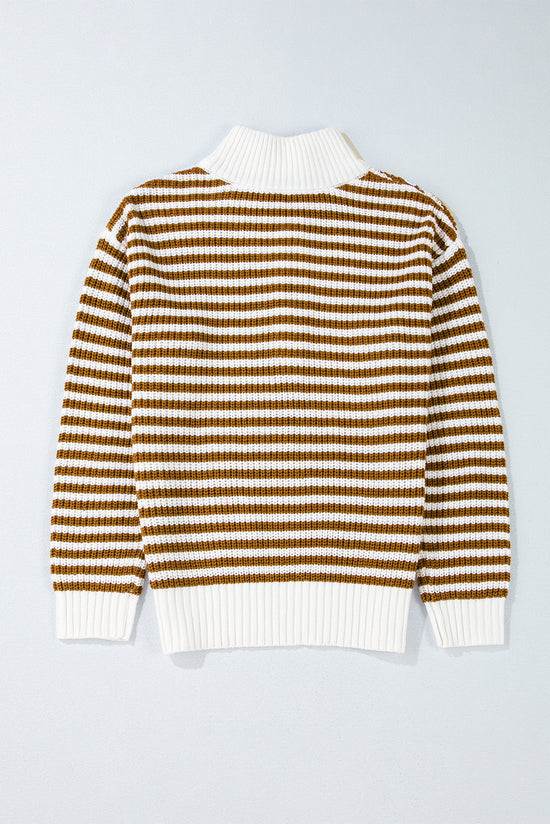 Khaki striped sweater with zipped collar and dropped shoulders