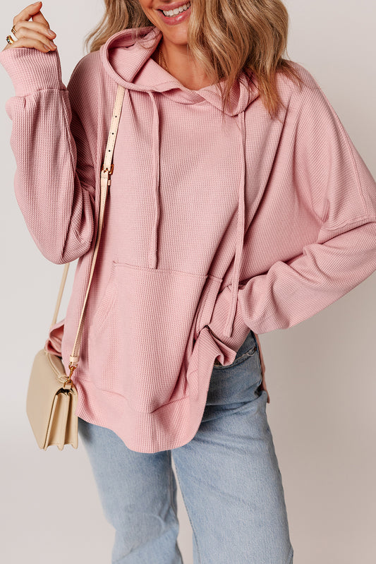 Light Pink Waffle Knit Fleece Lined Oversized High Low Hoodie