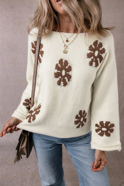 White round-neck sweater with color block floral pattern