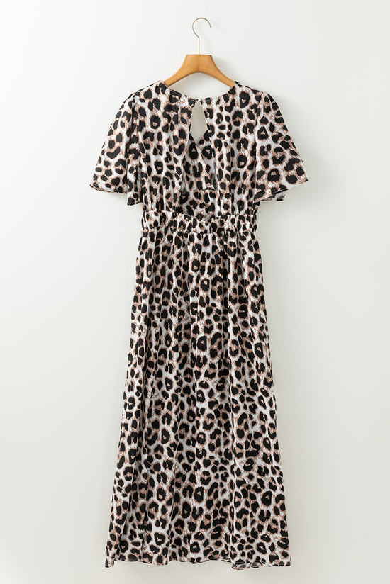 Long khaki leopard dress in v *