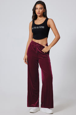 Pantalon large bordeaux uni à taille avec cordon de serrage