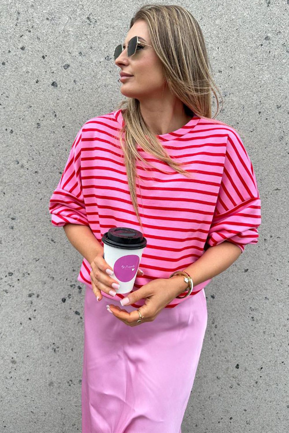 Sachet - Pink striped crew neck sweatshirt with dropped shoulders