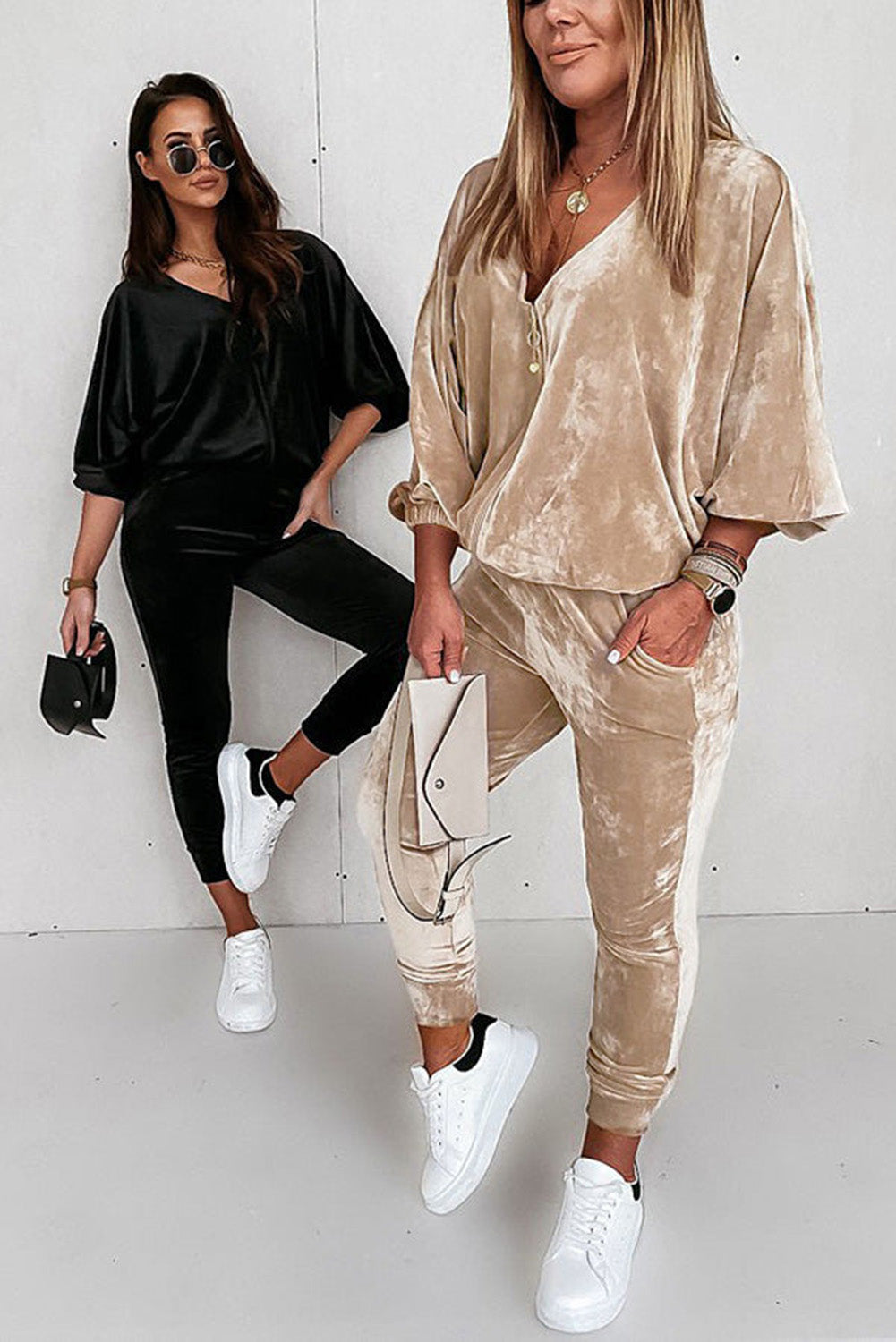 Parchment Velvet Zip-Up Top and Joggers Two-Piece Set