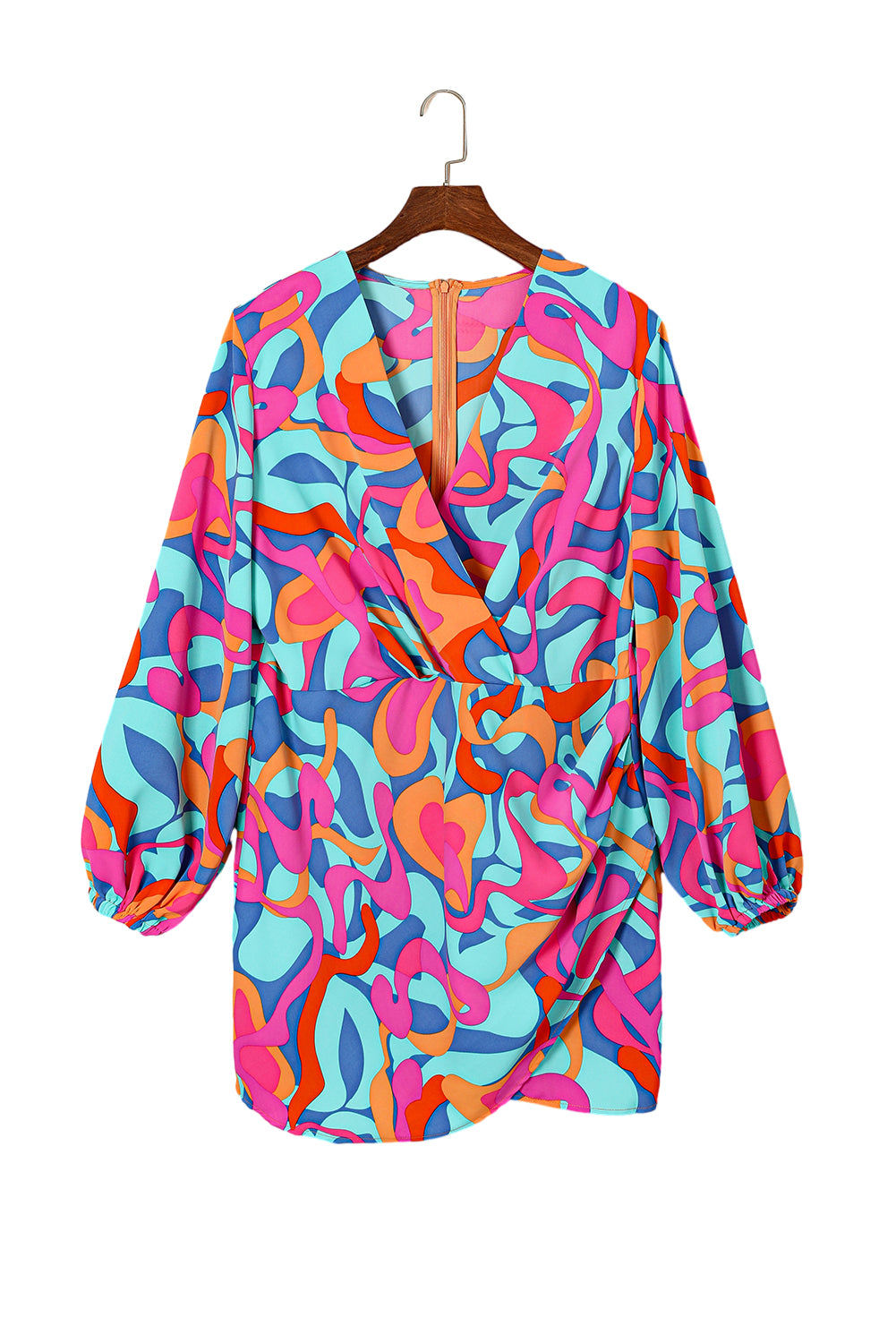 Robe multicolore à manches longues et surplis plissé à imprimé abstrait de grande taille