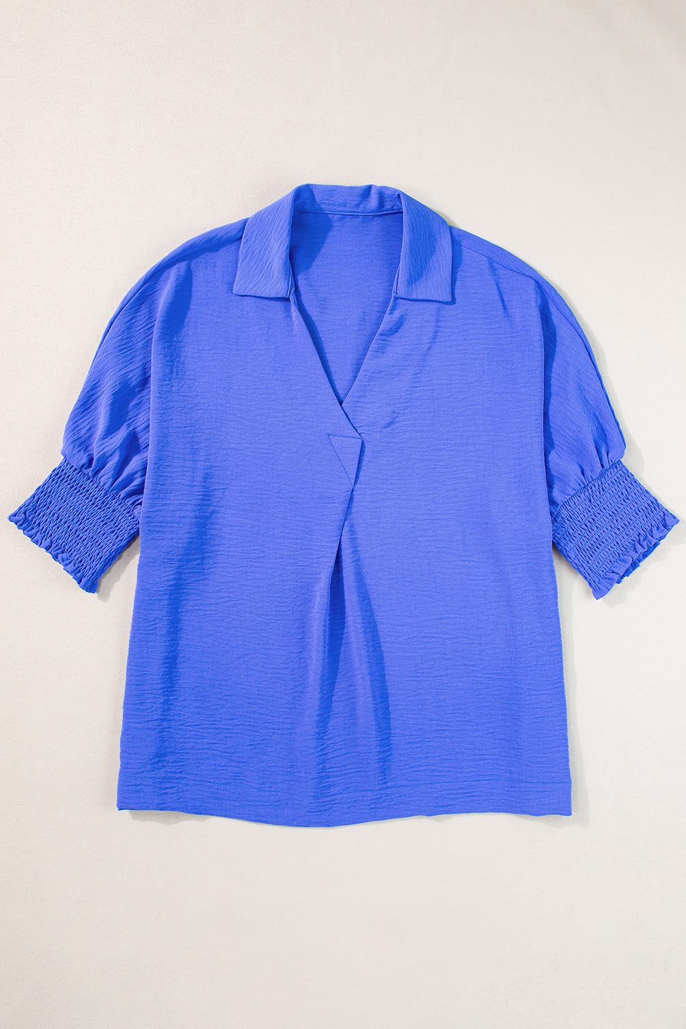 Dark Blue Boxy Collared Smocked Sleeve Cuffs Blouse