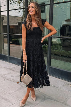 Black Sleeveless Midi Dress with Smocked Lace Bodice