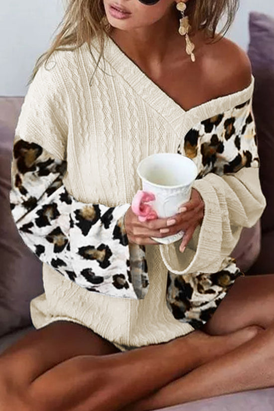 Asymmetrical leopard patchwork sweater with wide sleeves and beige V-neck