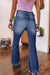 High-waisted, double-button, distressed, raw-hem, sail blue flared jeans