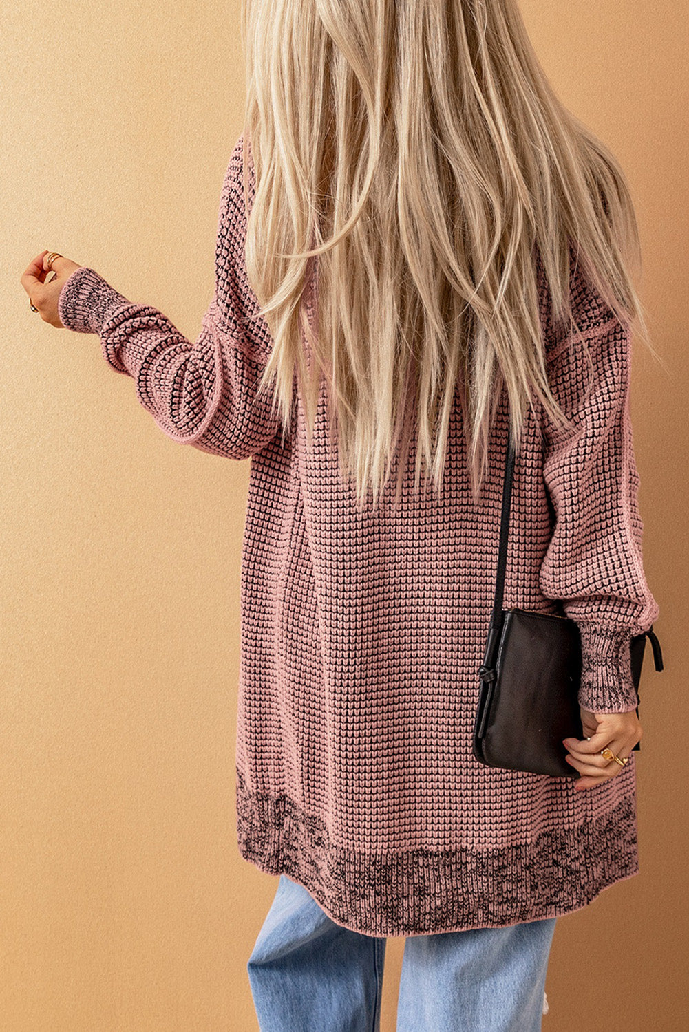 Pink Plaid Open Front Long Knitted Cardigan