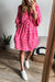 Pink Leopard Print Elasticated V-Neck Dress with 3/4 Puff Sleeves