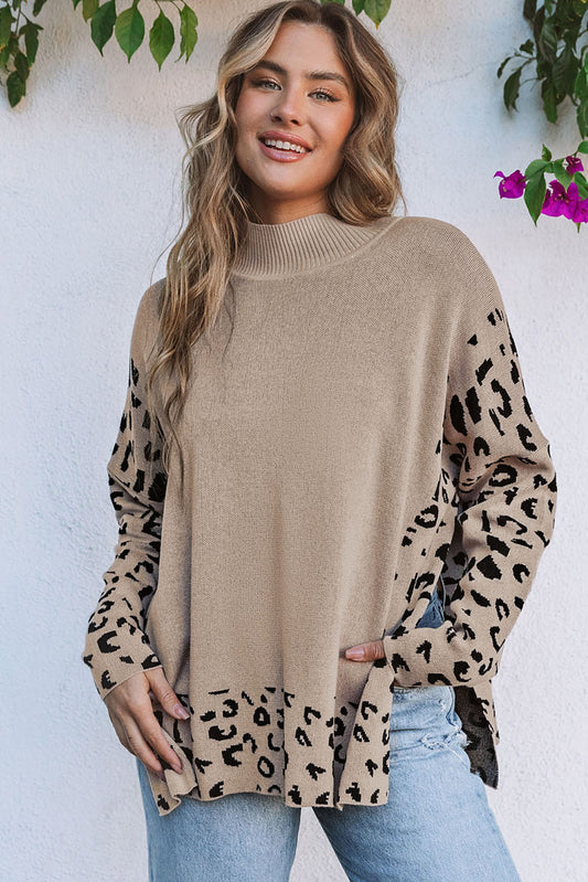 Khaki Leopard High Neck Side Sader Übergroßer Pullover