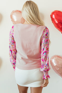 Oatmeal Floral Print Smocked Lantern Sleeve Knit Top