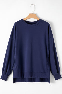 Navy Blue Solid Crew Neck Sweatshirt with High Low Hem