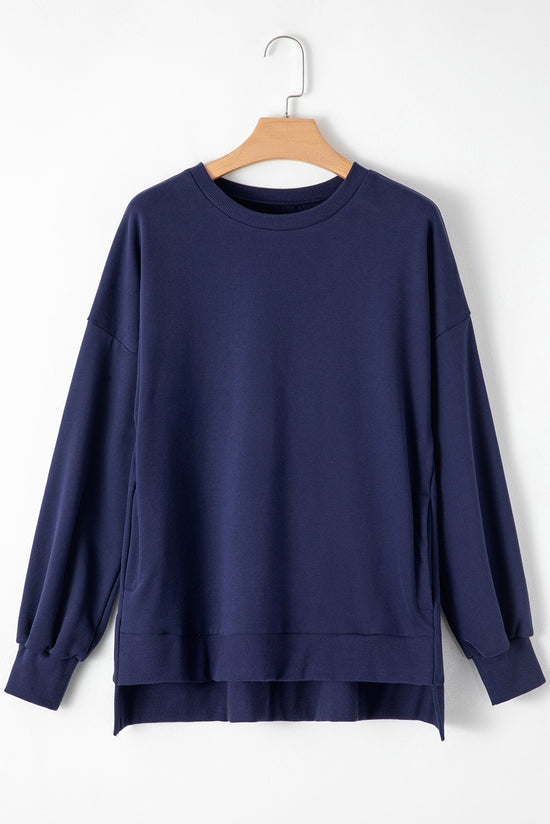 Navy Blue Solid Crew Neck Sweatshirt with High Low Hem