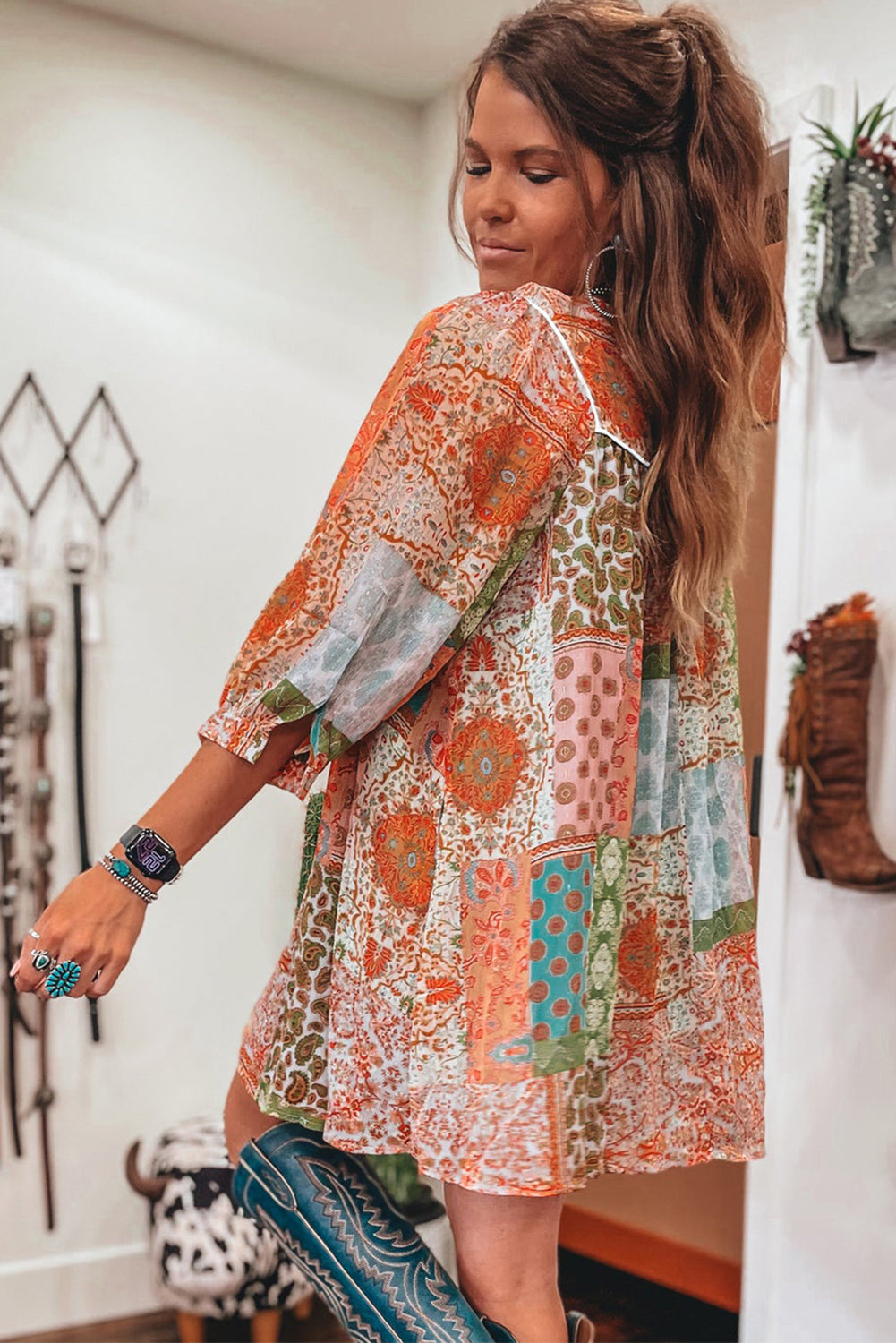 Naranja boho paisley estampado mixto 3/4 manga de manga vestido suelto