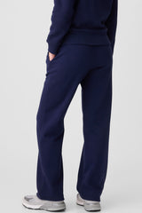 Pantalon décontracté à taille avec cordon de serrage doublé en polaire de couleur unie bleu marine