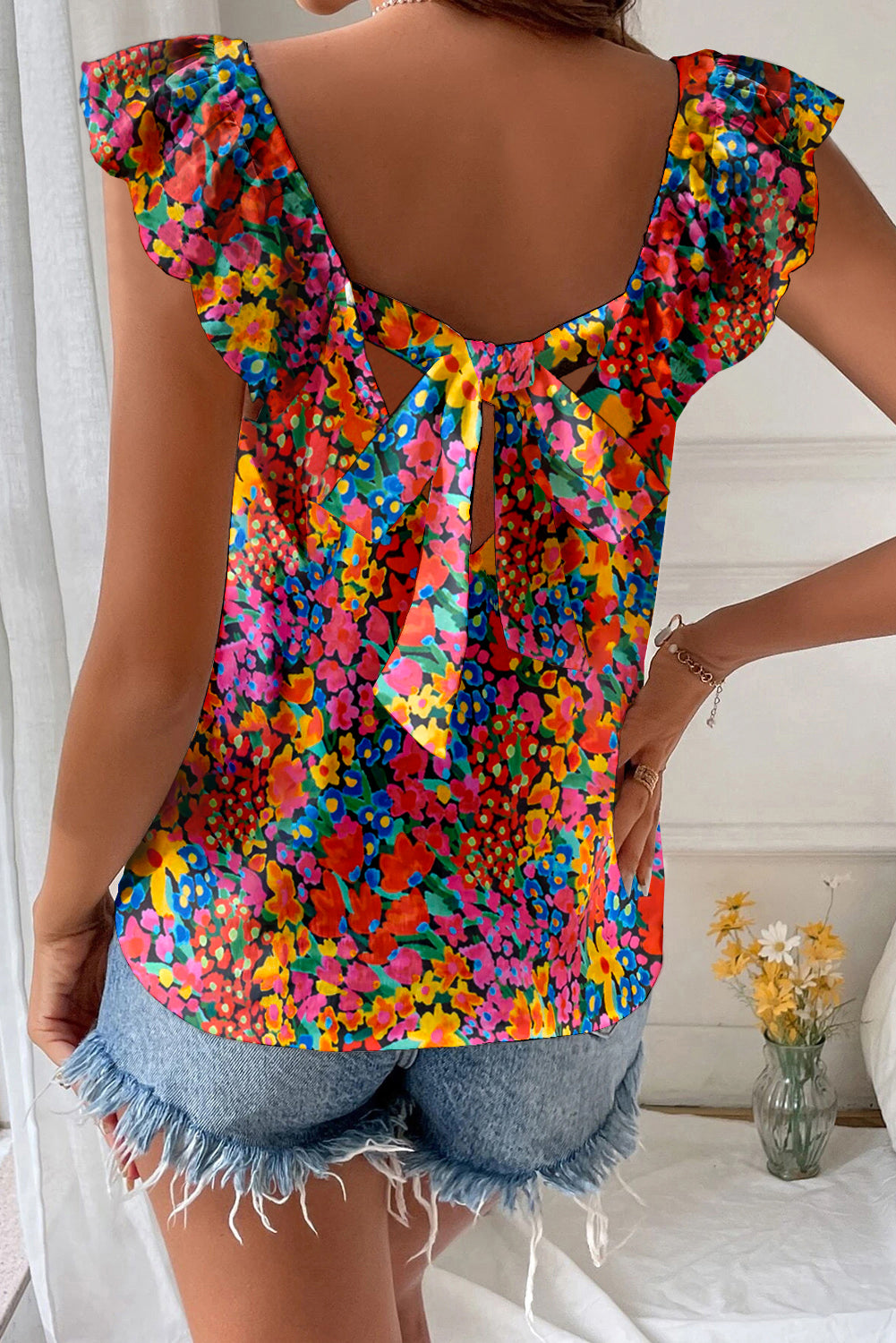 Manga multicolor de estampado floral cuello cuadrado nudo espalda blusa