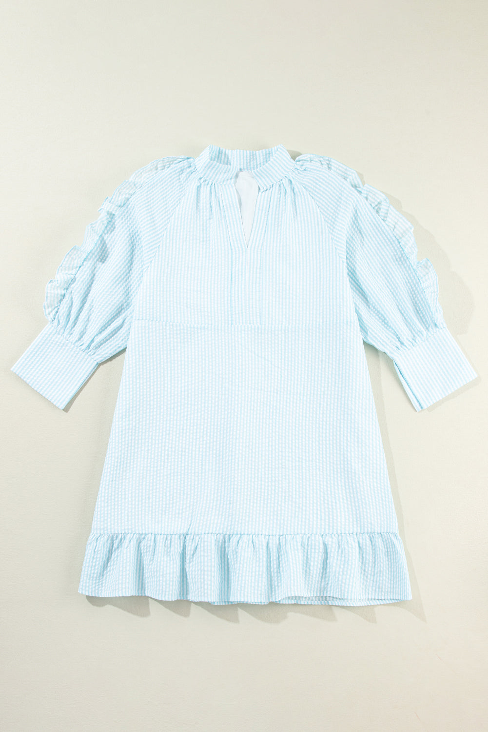 Myosotis Seersucker Rushled Puff Manga Sopar Neck Mini Vestido