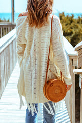 Cardigan en maille torsadée ajourée à glands beige-A WOMAN WE LOVE