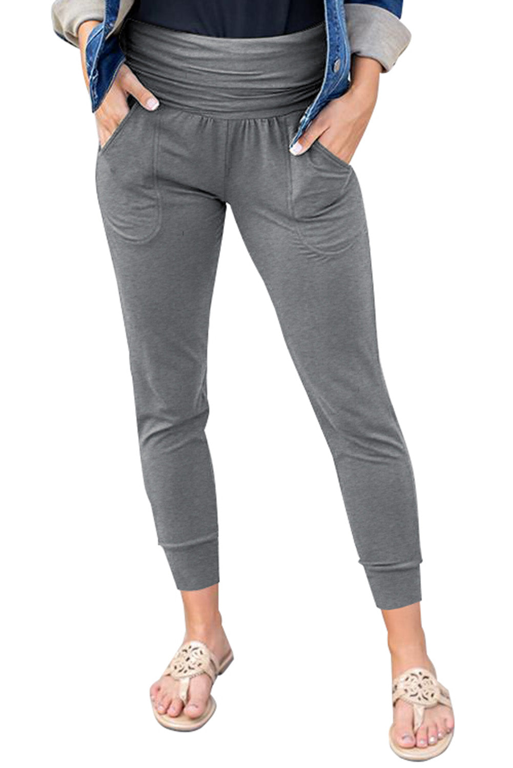 Legging gris taille haute avec poche plissée