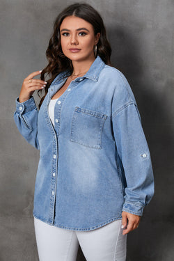 Sky Blue Large Chest Pocket Buttoned Denim Jacket