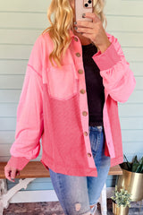 Veste ample boutonnée en tricot gaufré contrasté bicolore à fleurs de pêcher