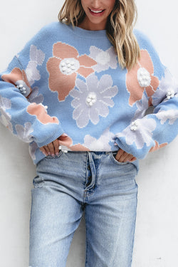 Pull tricoté à épaules tombantes et col rond à fleurs Beau Blue