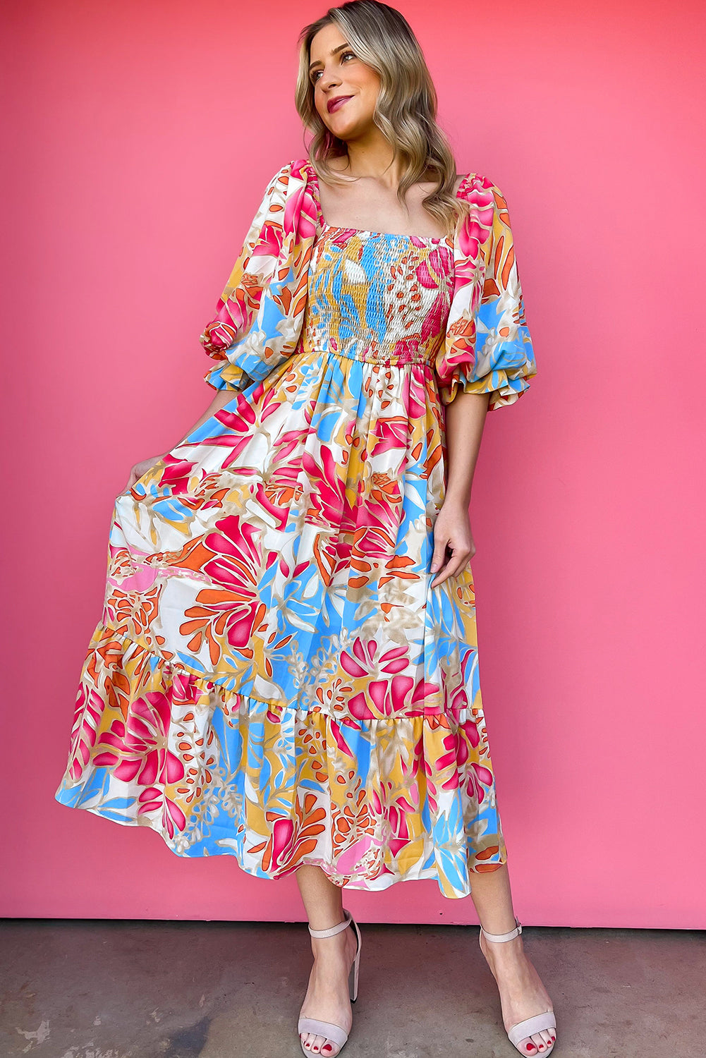 Red Rose Tropical Print Puff Sleeve Smocked Bodice Maxi Dress