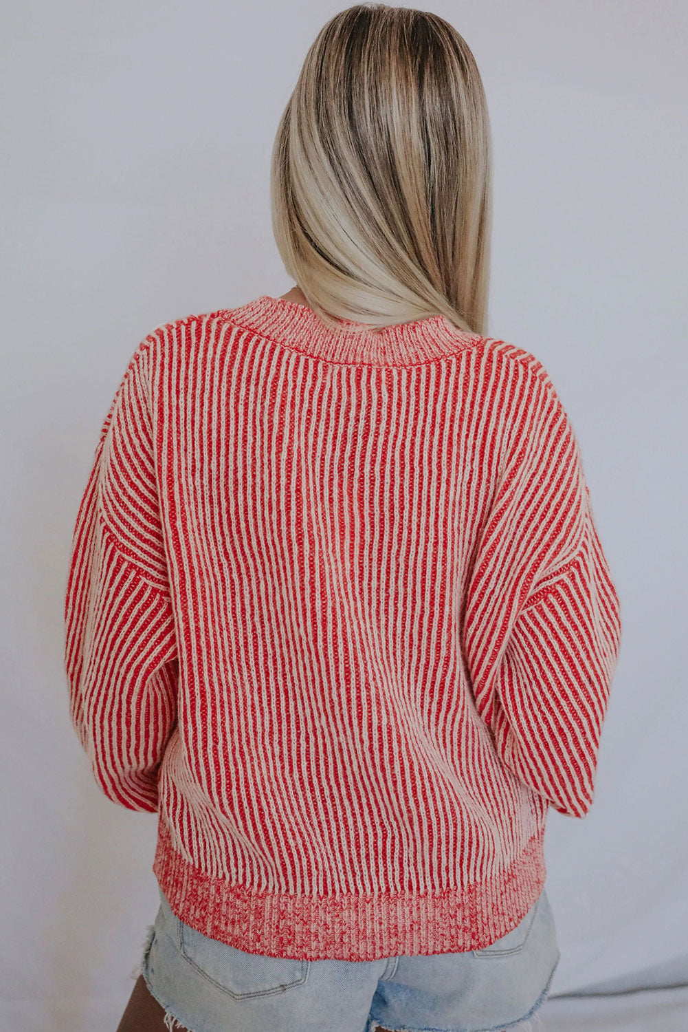 Striped Print Ribbed Crew Neck Sweater