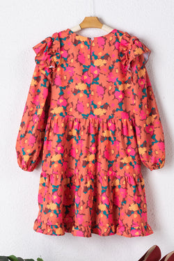 Mini-robe florale à manches longues et épaules volantées rose rouge