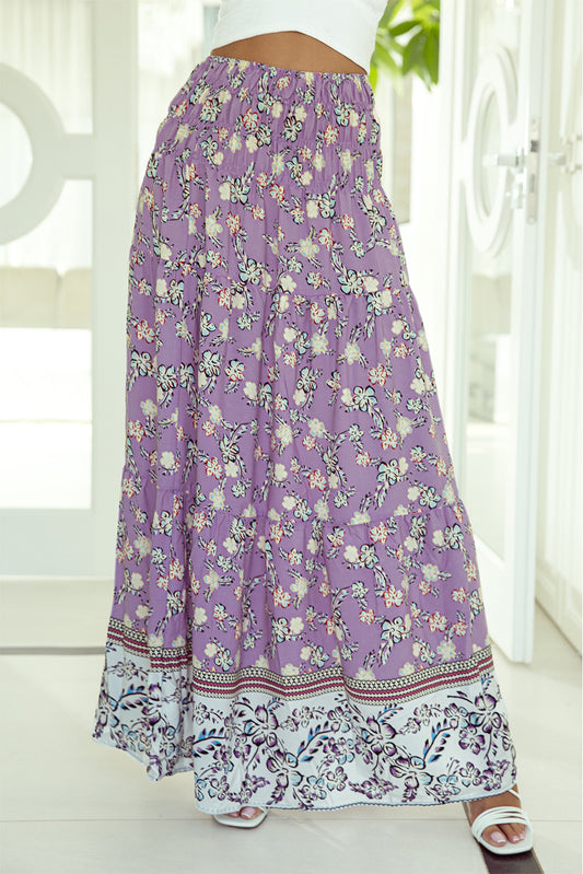 Purple Floral Impresión Shirred High Winist Maxi falda