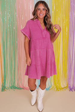 Strawberry Pink Crinkled Ruffle Dress, Mineral Wash, Split Neck, Raw Hem