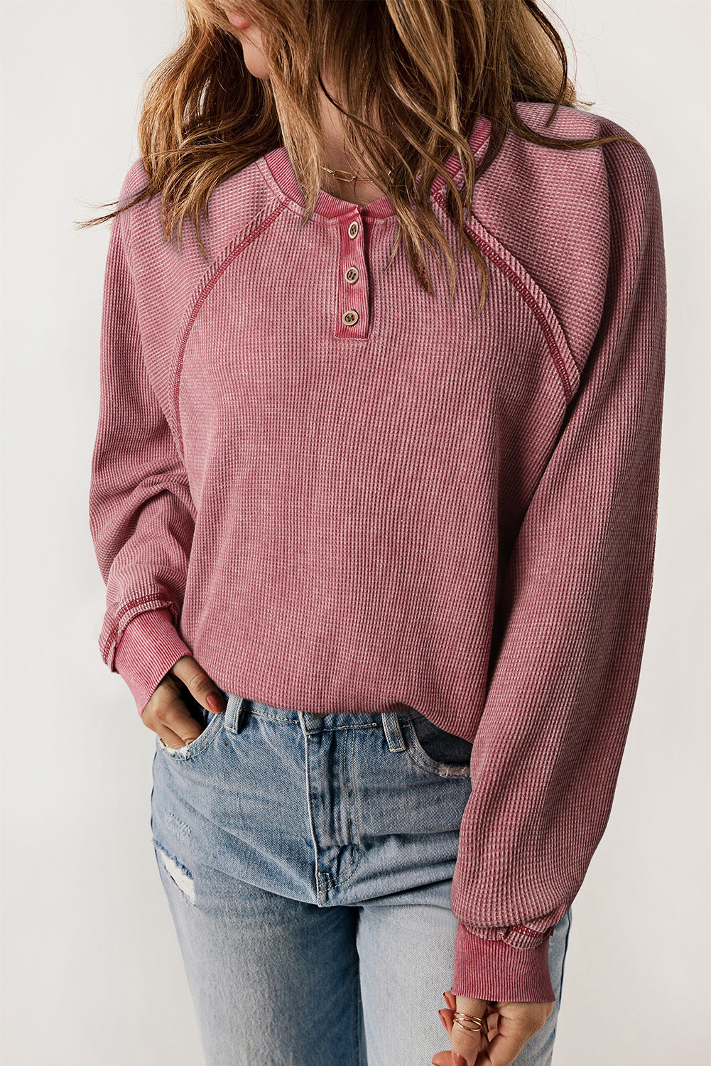 Sweat Henley à manches raglan en tricot gaufré rouge vif