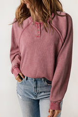 Sweat Henley à manches raglan en tricot gaufré rouge vif