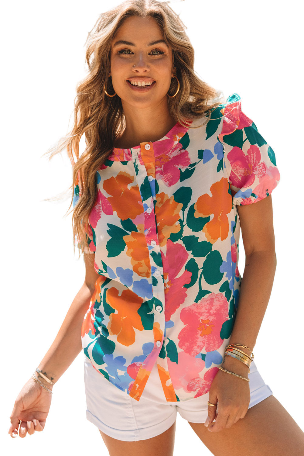 Chemise à manches bouffantes à volants à imprimé floral multicolore