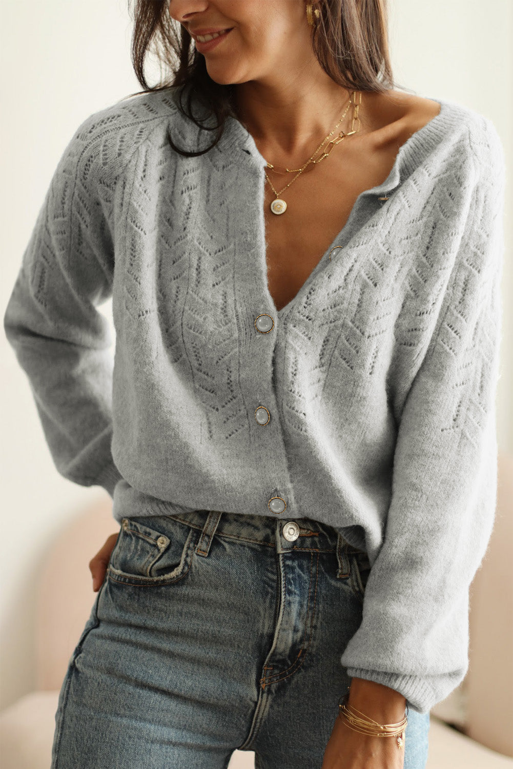 Cardigan en tricot boutonné évidé-A WOMAN WE LOVE