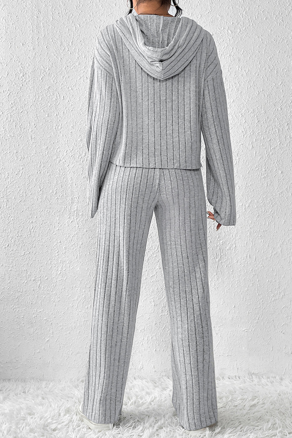 Grey Ribbed Knit Hooded Wide Leg Pant Set