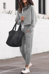 Grey Lounge Set with Drawstring Hoodie and High Waisted Pants