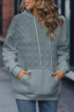 Light Grey Quilted Drop Shoulder Patchwork Kangaroo Pocket Hoodie