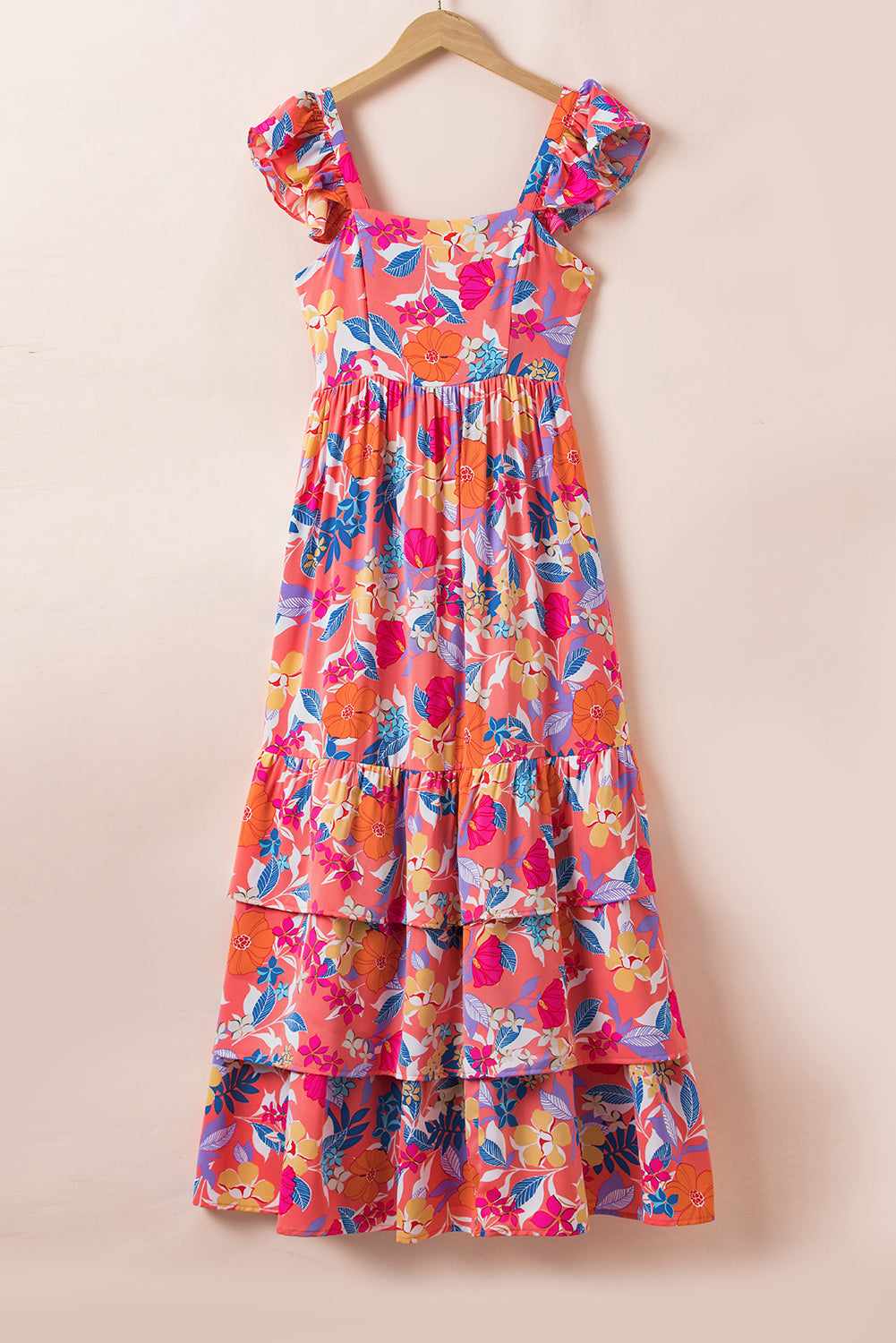 Pink Floral Print Sleeveless Ruffled Maxi Dress