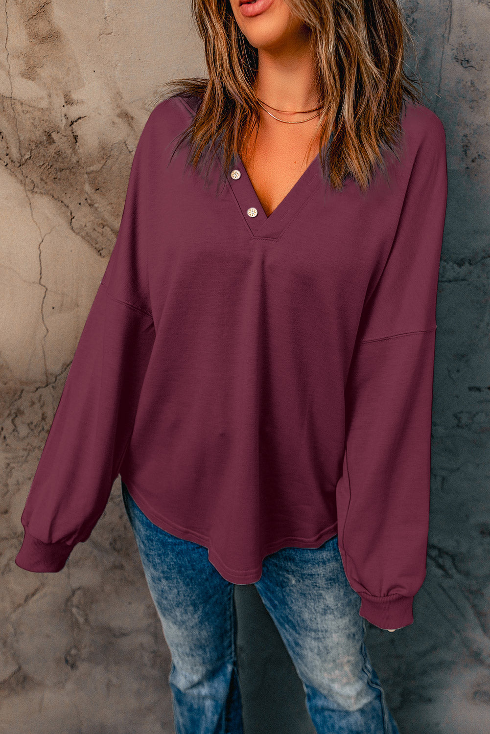 Wine Buttoned V Neck Cotton Loose Fit Top