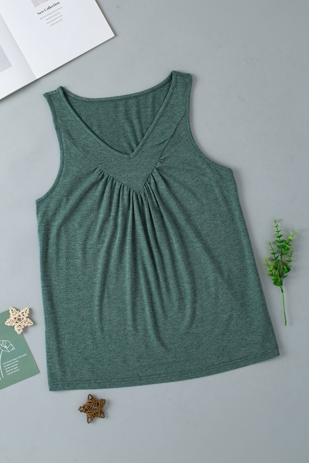 Mist Green V Neck Verpuscola canotta arricciata