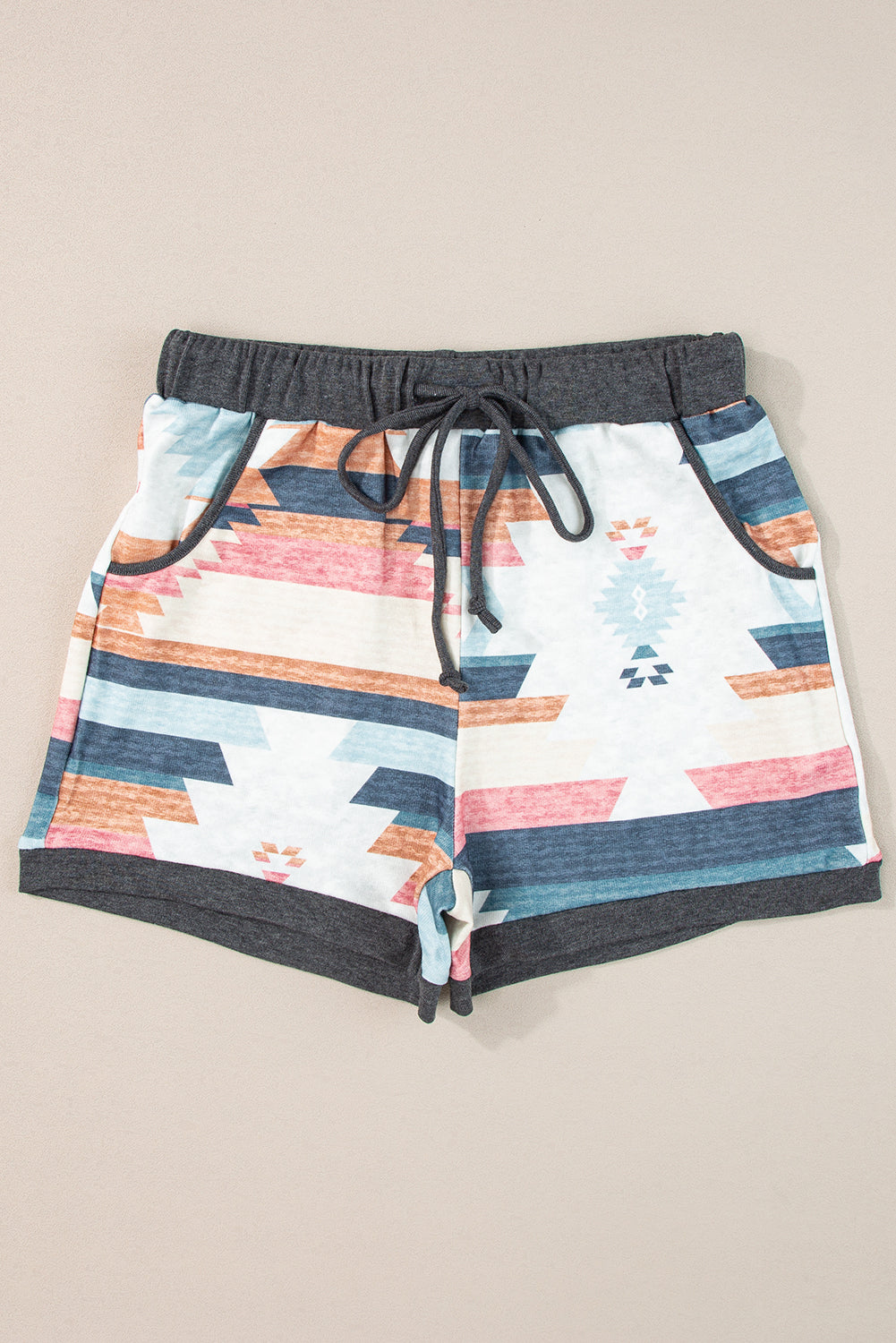 White Aztec Print Casual Shorts with Drawstring Waist