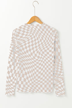 High khaki with long sleeves and climbed collar in checkered pattern mesh