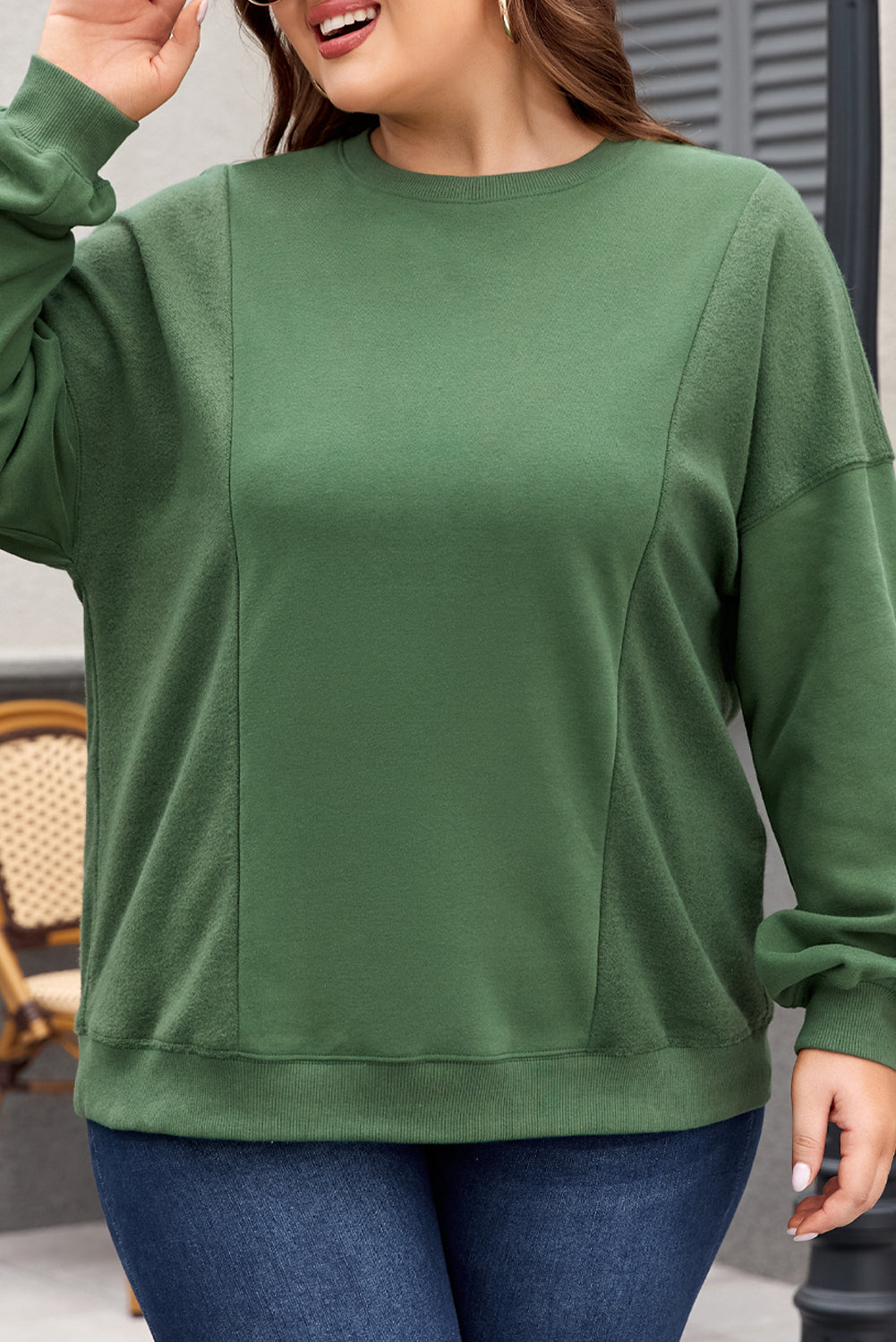 Blackish Green Plus Size Round Neck Patchwork Loose Sweatshirt