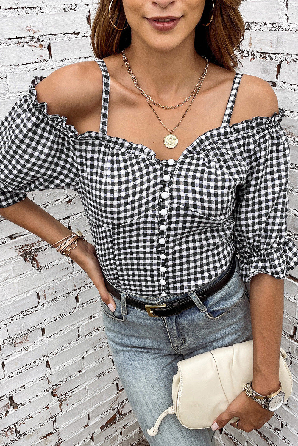 Schwarzer Schatz Gingham Button Down Cold Schulter Bluse