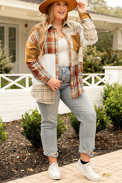 Golden Apricot - Plus Size Plaid Patchwork Button Down Jacket