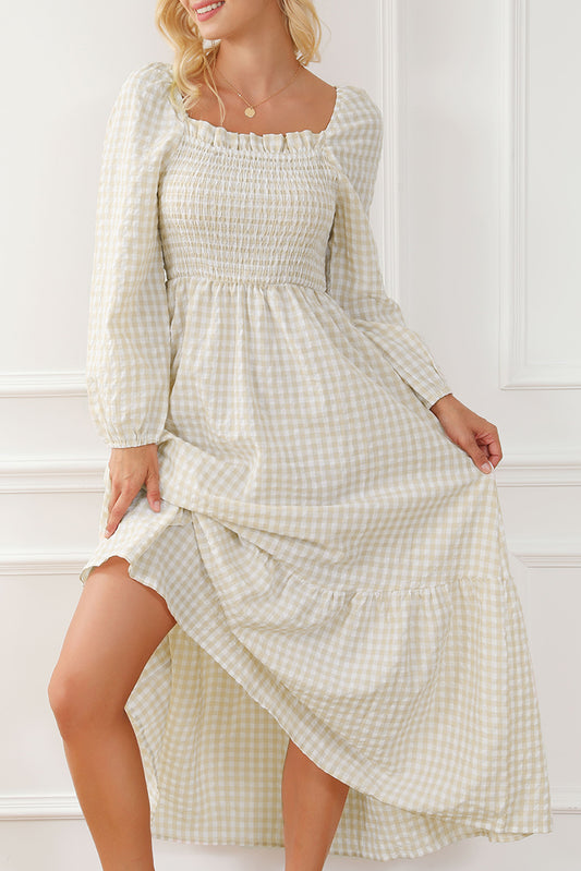 Khaki Plaid Ruffled Square Coud Smokled Tier Tiered Maxi Robe